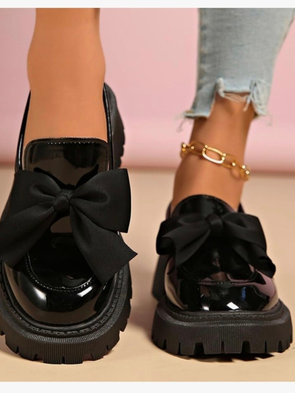 Black Bow Platform Loafers New Size 8 (40) Chunky Sole Slip On Shoes Dressy
